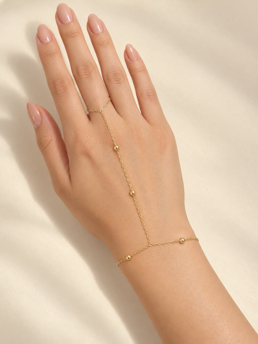 10K Gold Beaded Hand Chain Bracelet-Size 6.5-7"